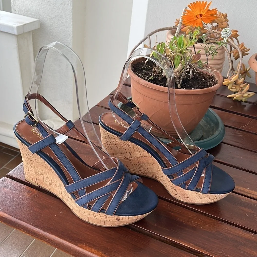Lauren Ralph Lauren QUAYLIN Navy Blue Peep Toe Cork Wedge Heel Shoes 7 - Picture 6 of 10